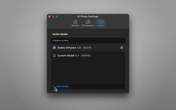 AI Photo’s settings panel on macOS, showing a list with a custom Stable Diffusion model.