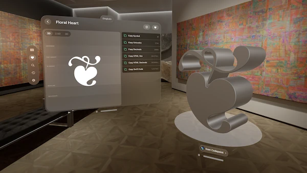 Screenshot of Codepoint running on visionOS, with the Floral Heart sign selected, which is displayed as 3D model in augmented reality.