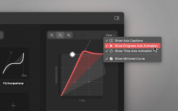A close-up view of the view settings available in the animation preview, such as axis captions, progress, and timing axis animations.
