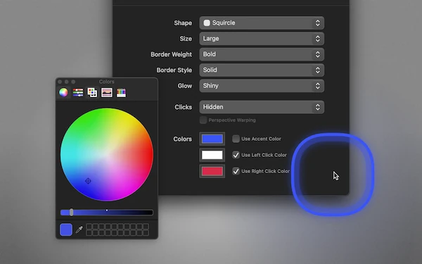 A close-up view of the appearance settings, with a color picker active, picking a main highlight color.