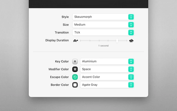 A close-up view of Keystroke Pro’s settings panel, this time with the appearance tab selected, displaying the various options to tailor the app’s aesthetics.