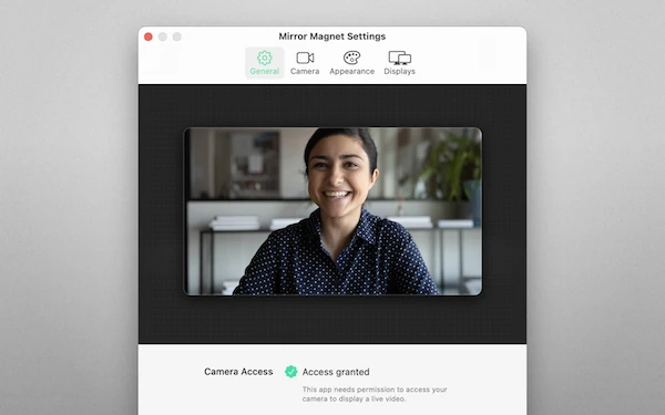 Detail view of Mirror Magnet’s beautiful camera preview in the settings panel.