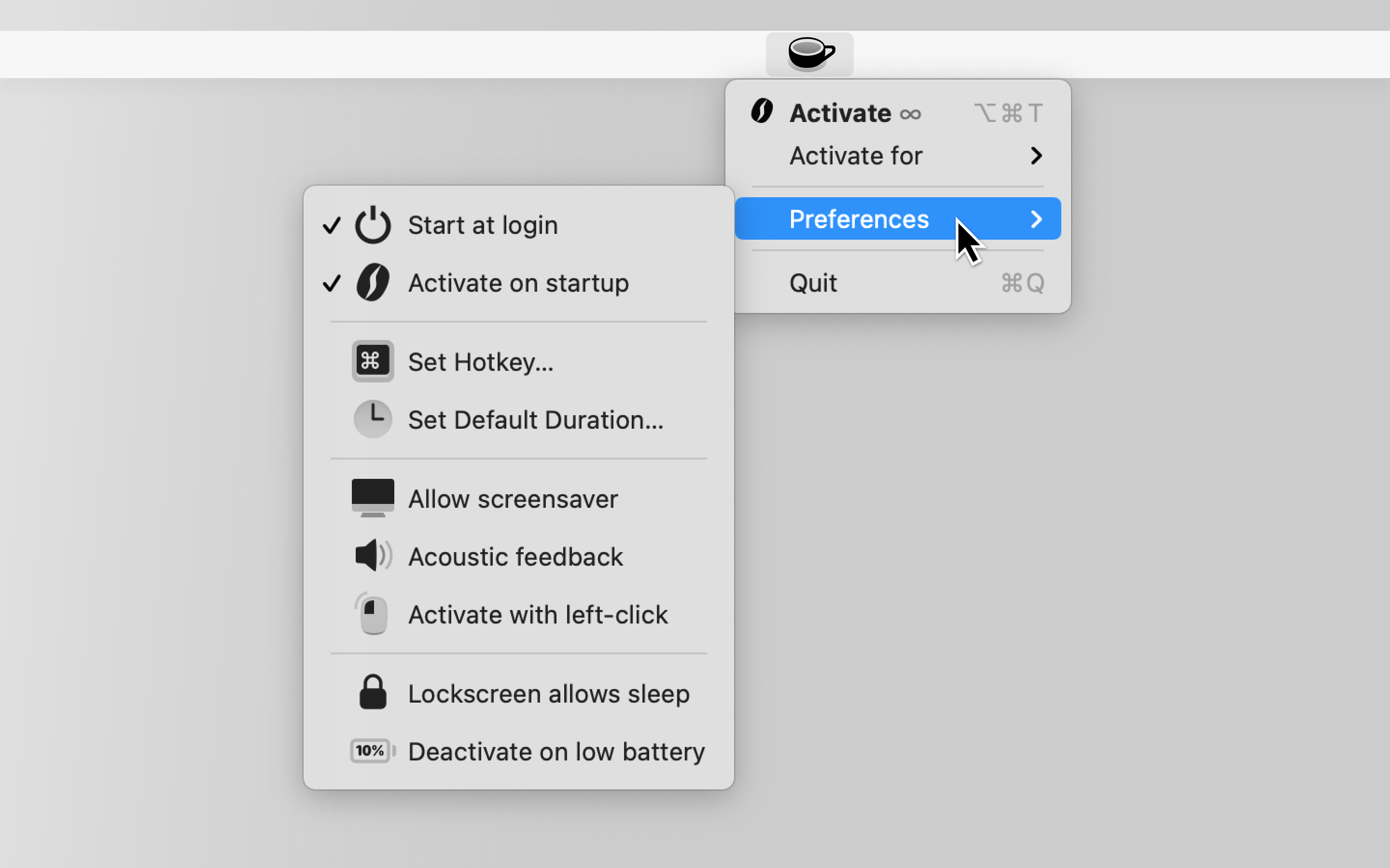 Theine app opened in macOS status bar, with its context menu opened, revealing some of the available preferences.