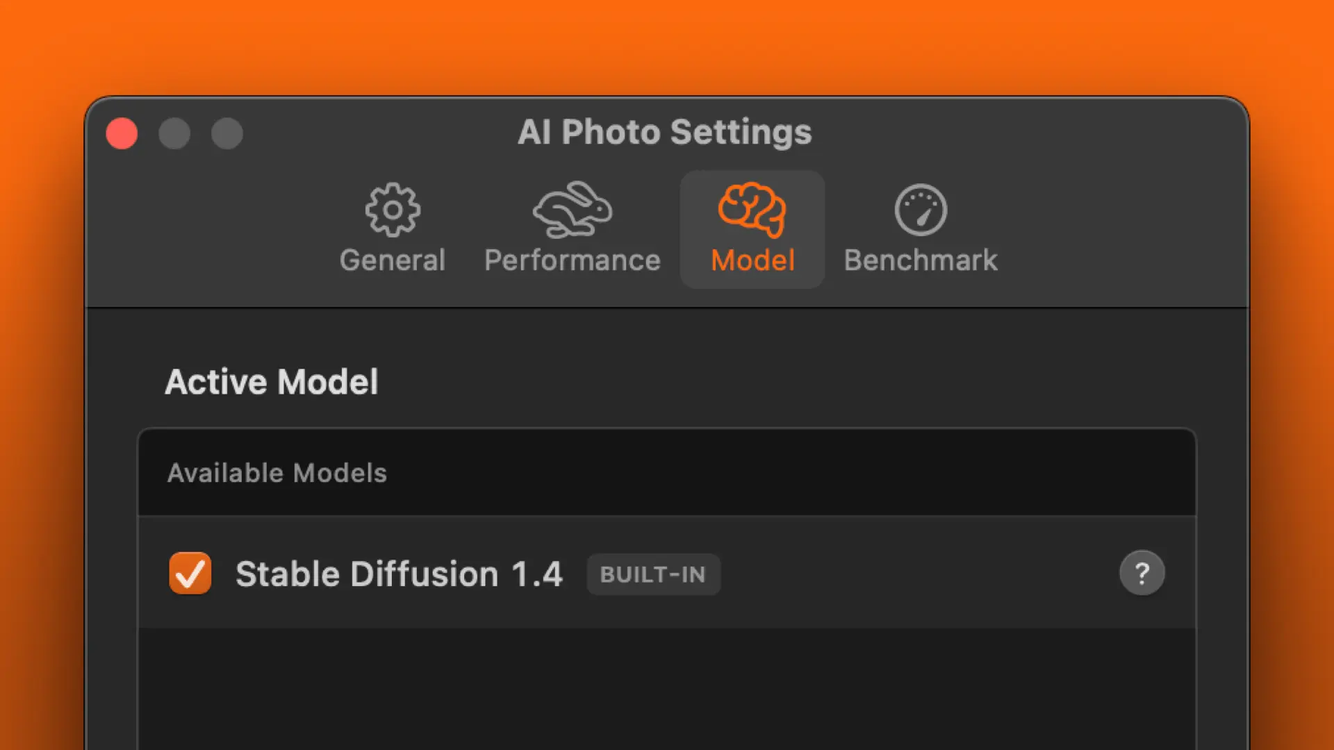 A screenshot of AI Photo’s settings panel, with the “custom model” tab selected.