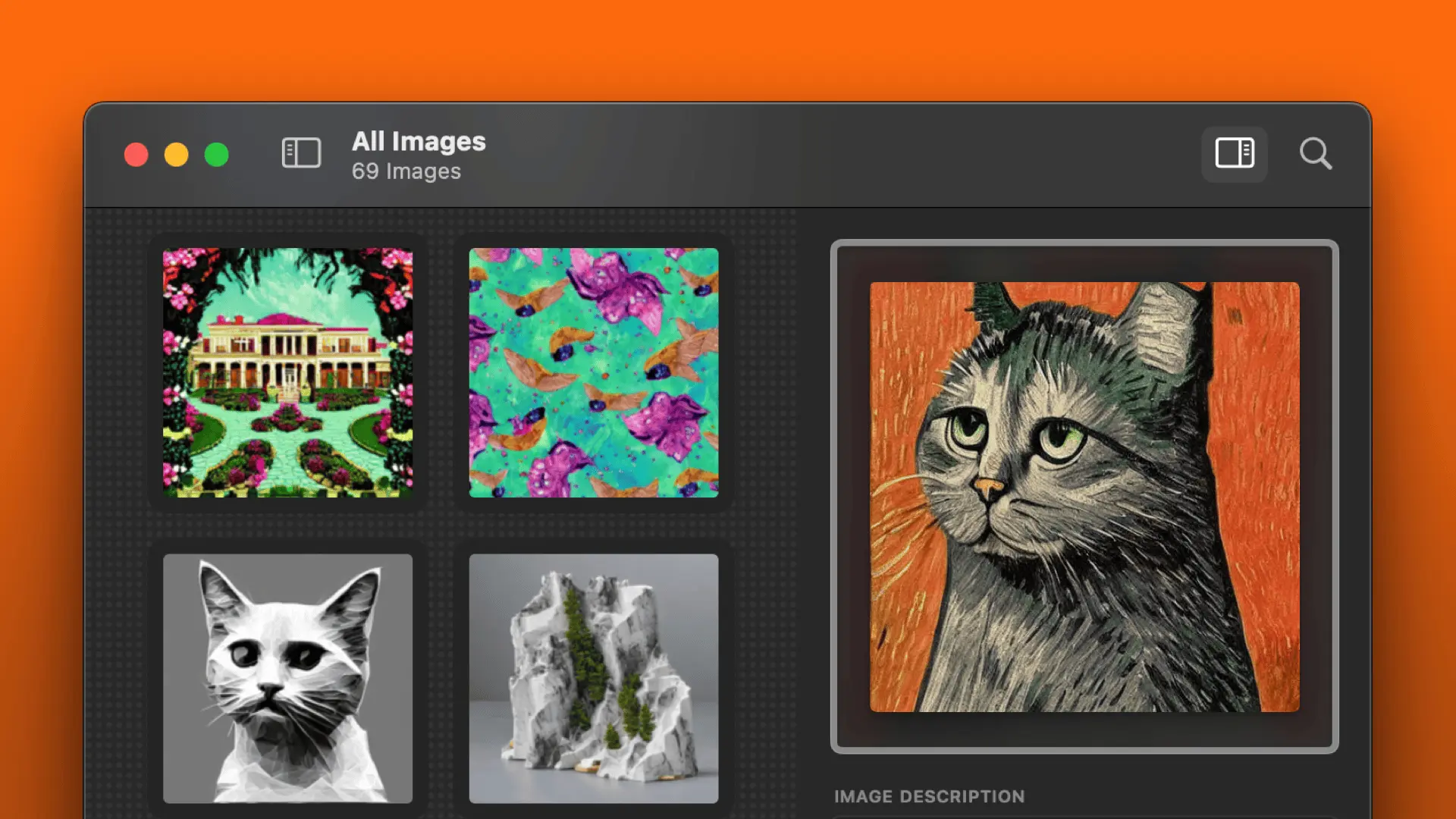 A screenshot of AI Photo, with a collection of cat images opened.