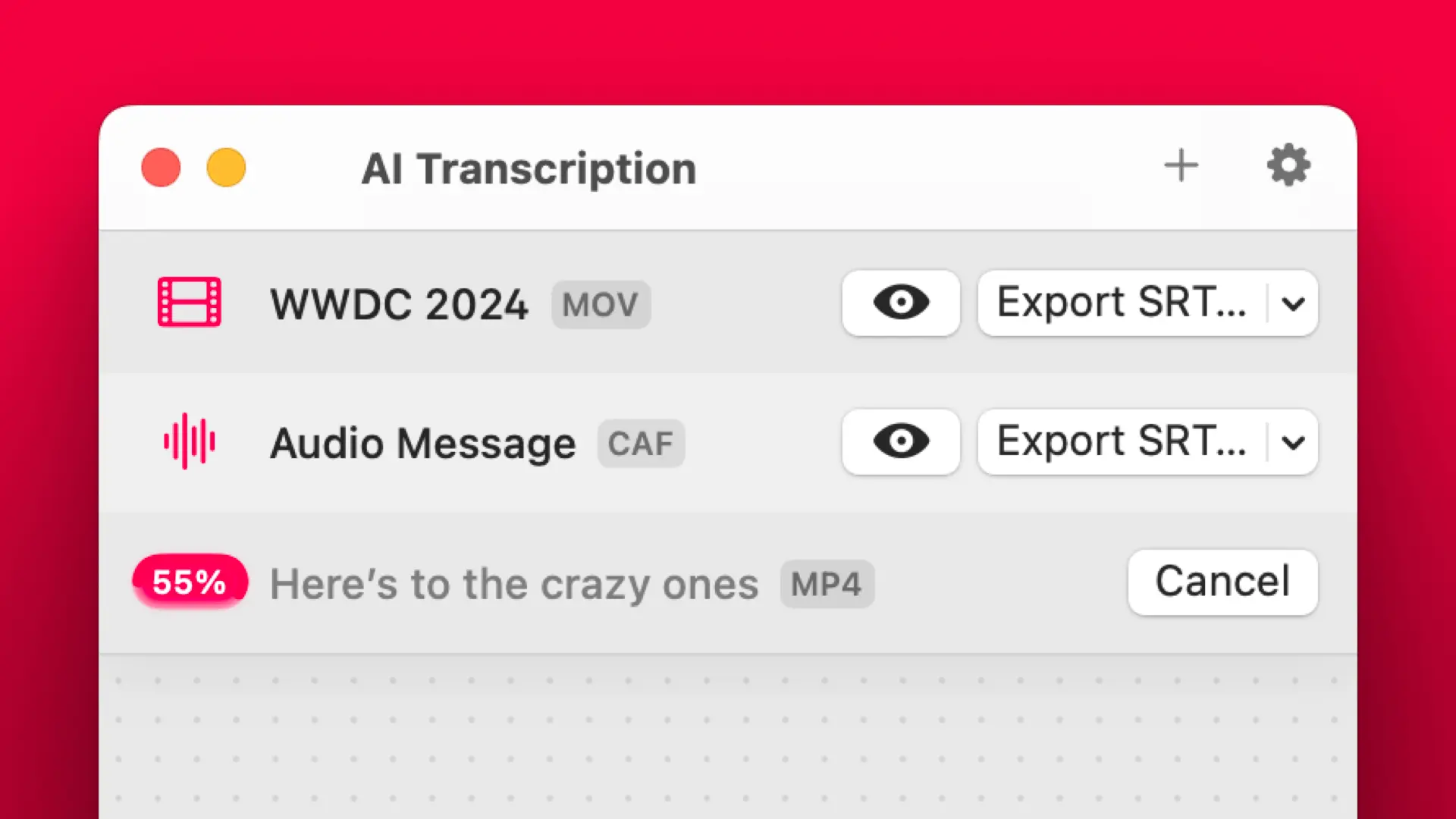 Screenshot of AI Transcription running on macOS, showing the app while it performs transcriptions after multiple files were added.