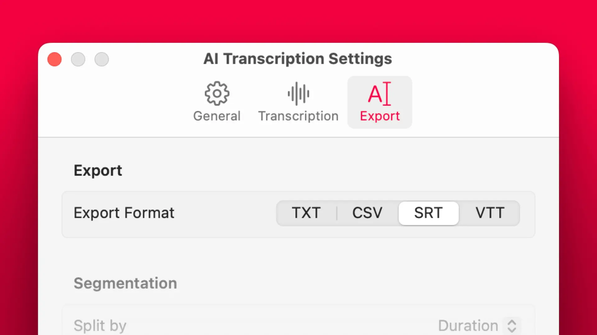 Screenshot of AI Transcription running on macOS, with its settings panel opened, and the export format section selected.
