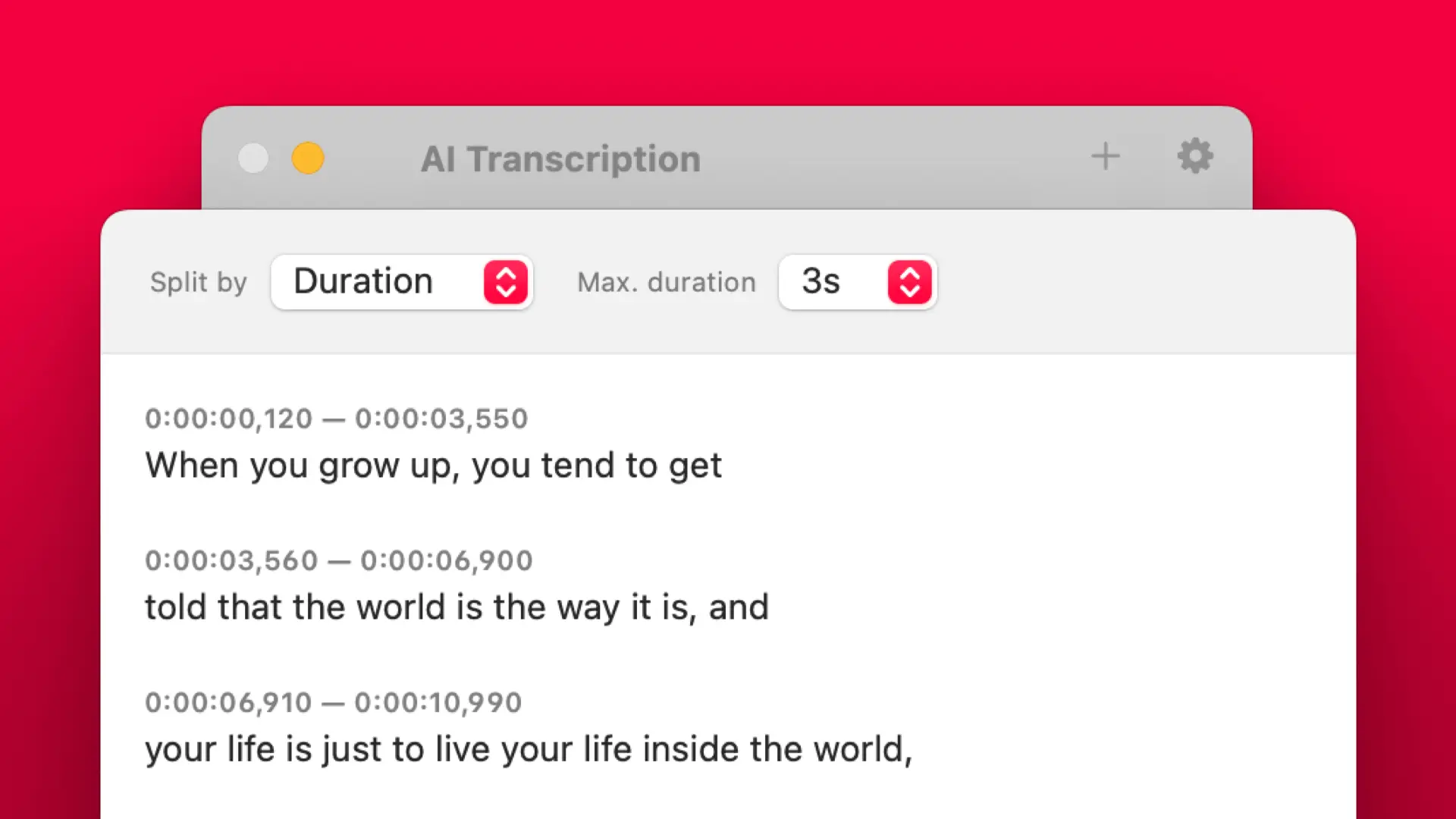 Screenshot of AI Transcription running on macOS, highlighting a detail view of the timing segmentation options.