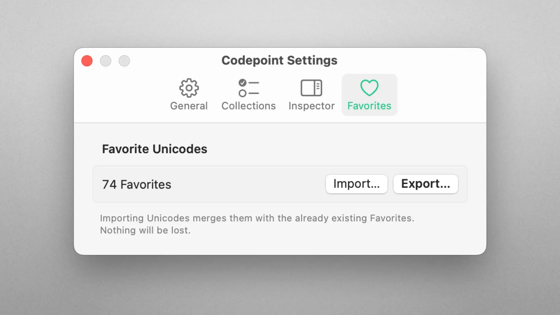 Screenshot of the settings panel in Codepoint, showing the favorites tab selected, featuring an import and export button.
