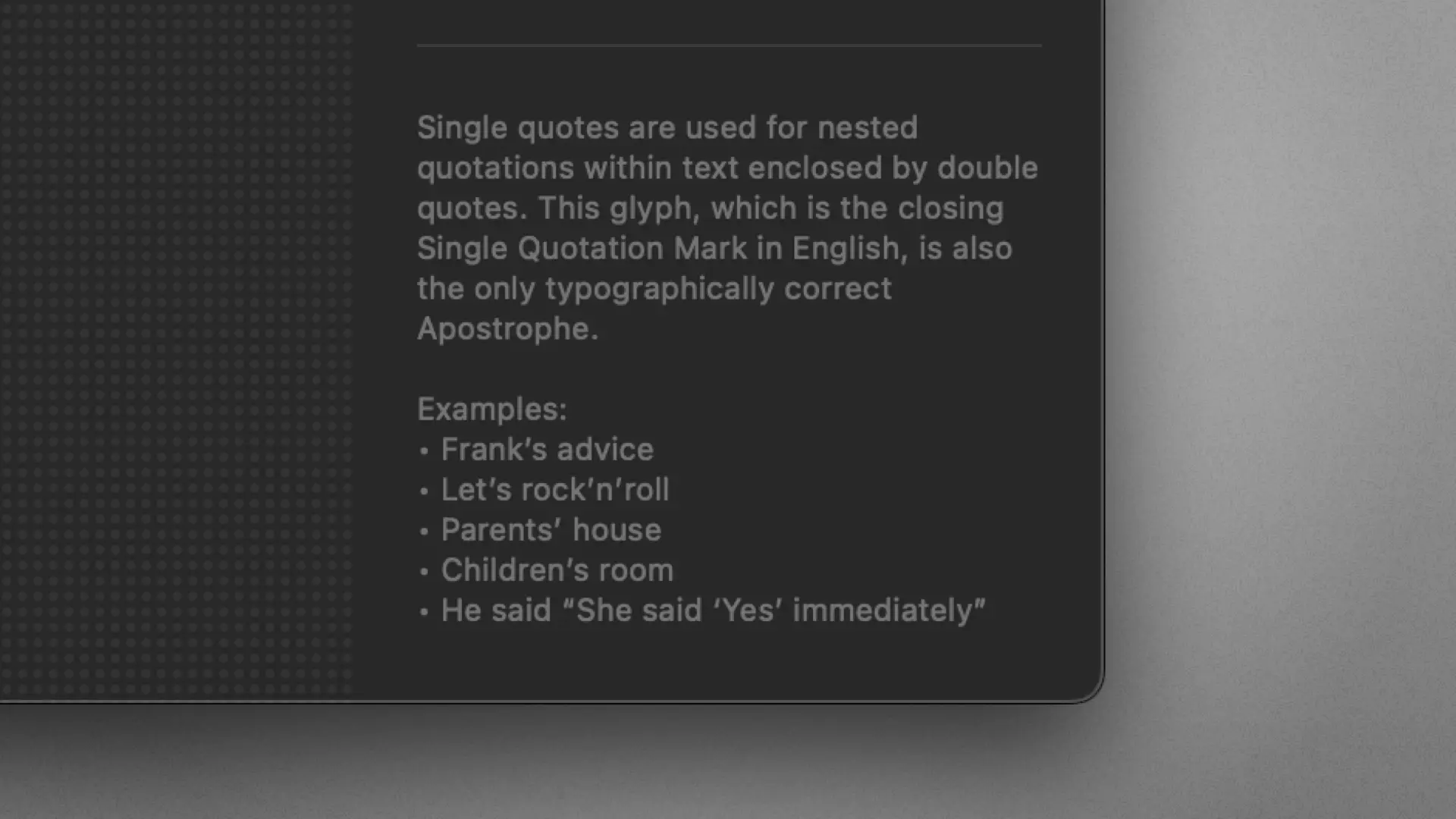 Screenshot of a typography hint for the apostrophe sign in the Codepoint app.